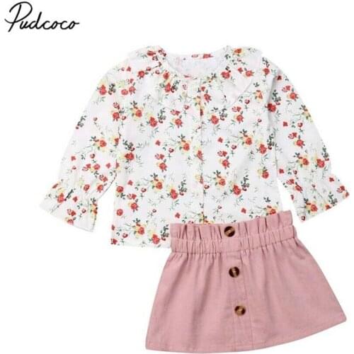 2019 Baby Spring Autumn Clothing Toddler Baby Girl Clothes Ruffles Sleeve Floral Tops +Bow A-Line Skirt 2PCS Outfits Sets 1-6Y