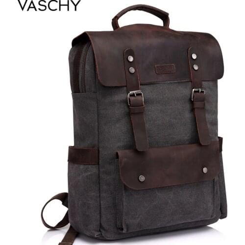 VASCHY Leather Laptop Backpack Travel Leisure Casual Canvas Campus School Rucksack with 15.6 Inch Laptop Compartment