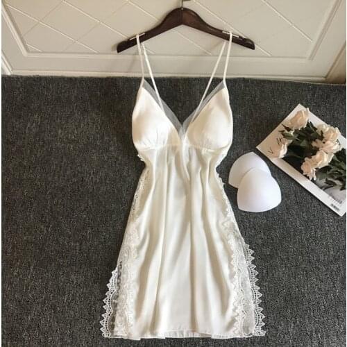 Lace Deep V-neck Nightdress Sexy Nightgowns Sleepwear Women Sleeveless Nightwear Faux Silk Satin Nightshirt