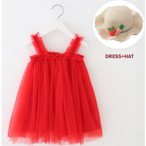 Summer Sleeveless Baby Girls Mesh Sling Vest Tutu Dresses Kids Princess Tulle Dress+Hat 2Pcs For Party Wedding Children Clothes