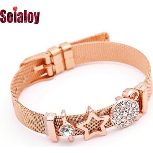 Fashion Rose Gold Stainless Steel Mesh Bracelets For Women Original Crystal Starry Charm Brands Watch Belt Bracelet Bangle Gift