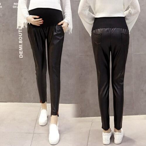 Fashion autumn and winter stomach lift pregnant women pants casual wild nine pants loose leather pants