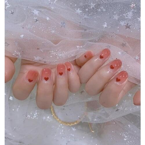 Fake Nails Short Round Pink Gradient Love Nail Stickers Finished Nail Stickers 24 Nail Stickers With Glue SANA889
