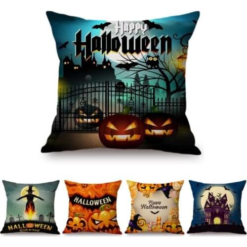 2018 New Halloween Decoration Art Pumpkin Witch Wizard Print Sofa Throw Pillow Linen Cotton Backyard Party Cushion Cover 45x45cm