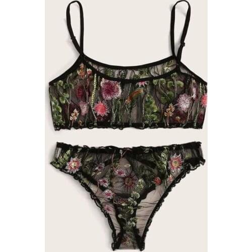 Newest Arrival Women Sexy Lingerie Set Floral Embroidered Sheer Mesh Bra+Panty 2 Piece Exotic Nightwear Set