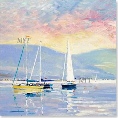 New Canvas Art Design Sailing Boat Ship Picture Oil Painting 100% Hand-painted Sunset Scenery Wall Hanging Artwork Showpieces