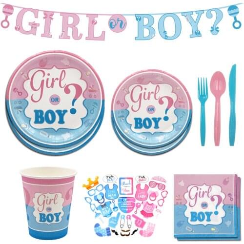 Girl Or Boy Reveal Gender Disposable Tableware Baby Shower Plate Cup Napkin Its A Boy Or Its A Girl Happy Birthday Party Decor