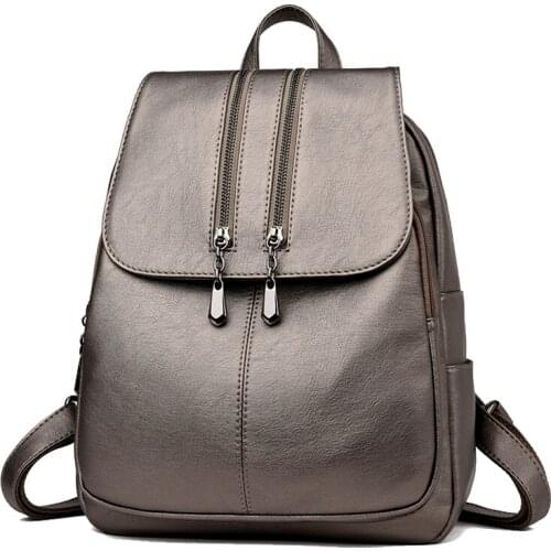 Casual Double Zipper Women Backpack Large Capacity School Bag for Girl Brand Leather Shoulder Bag 2020 Lady Bag Travel Backpacks