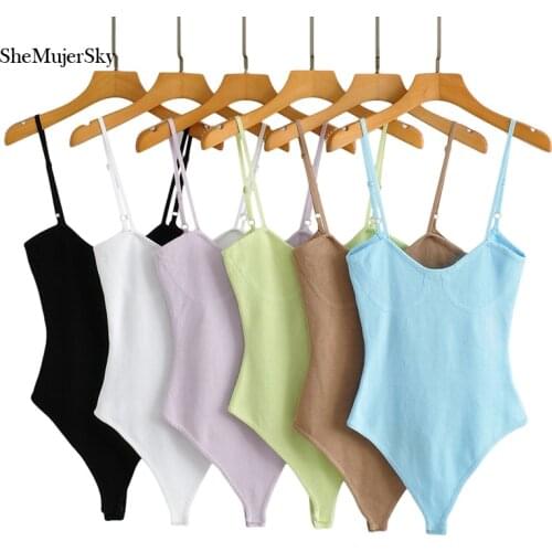 SheMujerSky Women Knitted Elastic Slim Solid Color Tops Bodysuits 2021 Summer Sleeveless Cami Jumpsuits