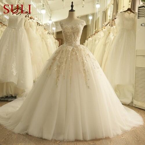 SL-9014 Illusion Neck Applique Cut-out Back Cap Sleeve Bridal Wedding Dress 2018