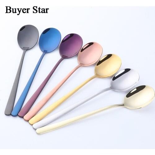 Buyer Star 21cm Stainless Steel Dinner Spoon 6-Piece Colorful Rainbow Long Handle Ice Cream Dessert Tea Coffee Spoon Flatware
