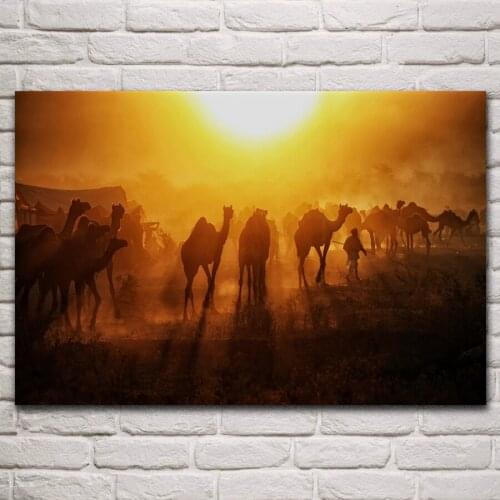 Camels desert Sunrise animal nature landscape artwork living room decor home art decoration wood frame fabric poster KN444