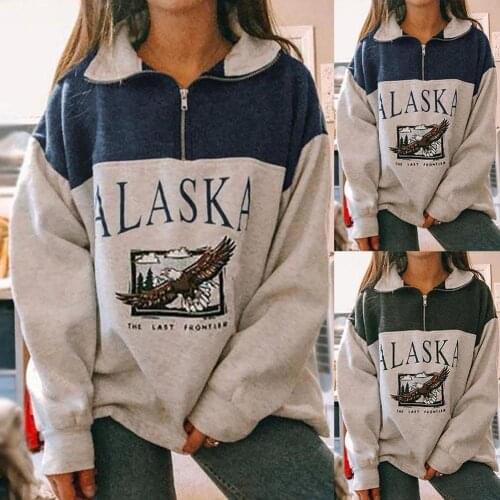 Women Stand Collar Half Zipper Letter Eagle Print Sweatshirt Blouse Pullover Half zip makes you put this blouse on or take it of