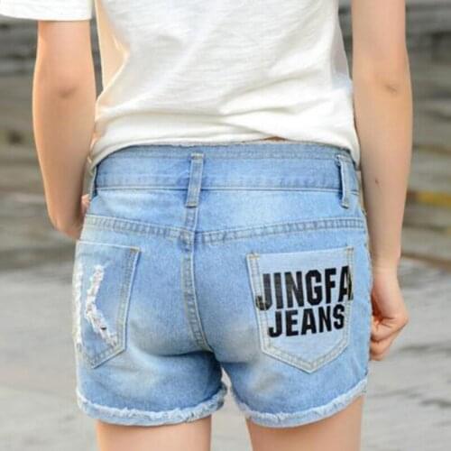 Newest Casual Womens Hollow Out Shorts Blue High Waist Holes Denim Jeans Shorts Letters Pockets Female Size 26-33 Female