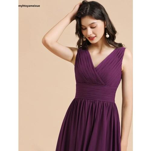 Purple bridesmaid dress long chiffon lace elegant V-neck double shoulder sleeveless simple long straight wedding evening dress