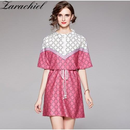 Menahem Fashion Summer Runway Short Dress Women Stand Zipper Heart-Shaped Striped Print Pink Casual Adjustable Belt Vestidos