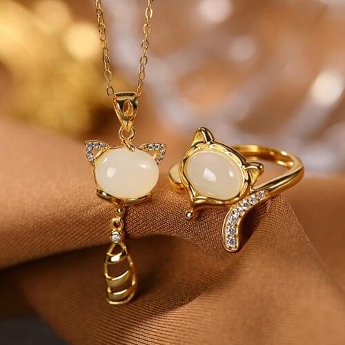 S925 sterling silver gold-plated natural Hotian jade pendant graceful personality Fox womens necklace ring suit