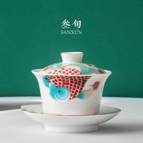 Three ten-day palace fish into one white porcelain tureen only a single large three cups tureen kung fu tea tea bowl