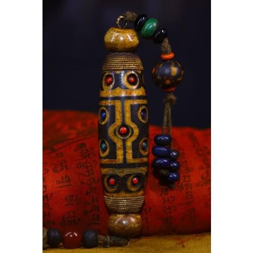 4"Tibet Temple Collection Old Natural agate Filigree mosaic Gem Dzi Bead Nine Eyes Pendant amulet Town House Exorcism