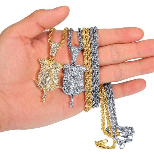 Fashion Shining Rose Flower Pendant Necklace Men Gold & Silver Color With Free Tennis Chain Plant Necklace Gift Hip Hop Jewelry