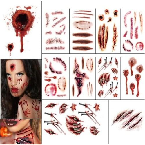 11PCS Halloween Temporary Tattoo Sticker Long Lasting Horror Realistic Scar Wound Body Stickers