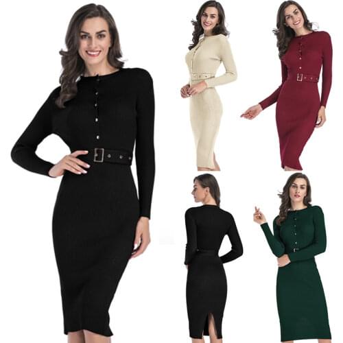 2021Autumn and Winter New Womens Dress Button Belt Bag Hip Skirt Casual Fashion Streetwear Dresses for Women Woman Dress