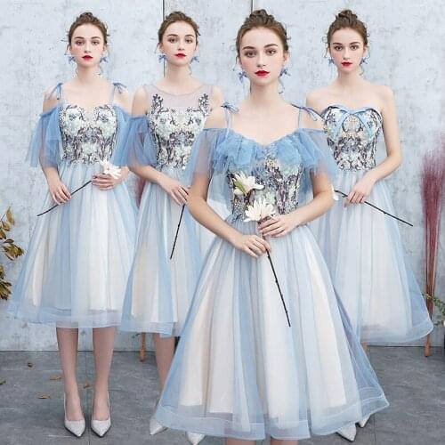 Bridesmaids Dress Illusion Off The Shoulder Embroidery Crystal O-Neck A-Line Knee-Length Appliques Women Wedding Party Gown E232