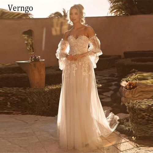 Verngo 2021 A Line Tulle Sweetheart Beach Wedding Dress With Detachable Long Puff Sleeve Lace Applique Bride Dress Elegant Gown