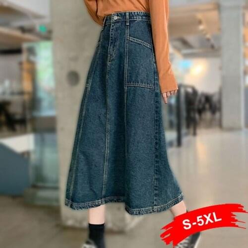 Size Muti Big Plus Pockets Loose A-line Cargo Maxi Jeans Skirts 6XL Preppy Style Patchworked Mid Long Denim Medieval Skirt Y2K