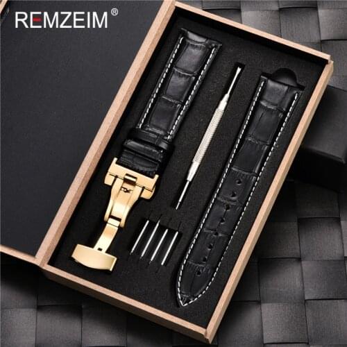 REMZEIM Men Women Replace 16 17 18 19 20 21 22 23 24mm Genuine Leather Strap Watch Band With Watchband Box Watch Accessories