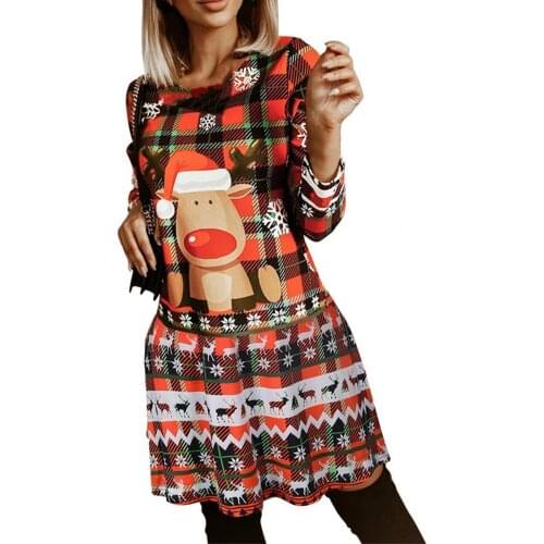 Christmas Women Dress Casual Autumn Winter Printed Snowflake Loose Hem Long Sleeve O Neck Floral Women Midi Dress vestidos