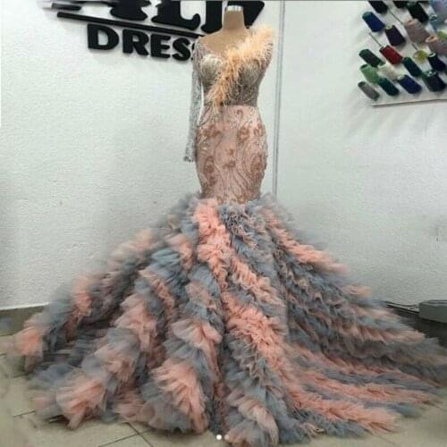 Gray And Pink Mermaid Prom Dresses Lace Sheer Long Sleeve Feather Evening Gowns Ruched Tulle Sweep Train Formal Party Vestidos