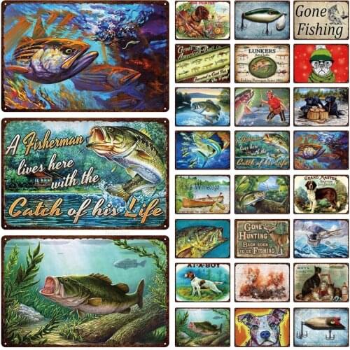 Vintage Gone Fishing Metal Sign Animal Fish Cute Dog Tin Signs Retro Lakeside Plaque Pub Bar Garden House Man Cave Decor 3Cda-33