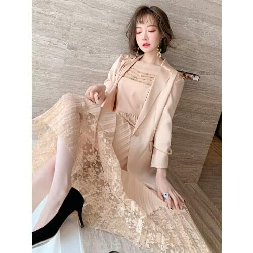 Beaded mesh lace pleated suspender skirt+Two piece silk suit 2021 Spring new