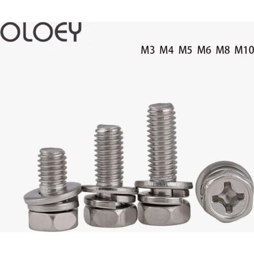 High Quality 1-20PCS M3-M10 304 Cross Recessed Outer Hexagonal Bolt With Flat Washer / Spring Washer Factory Price Free Shipping