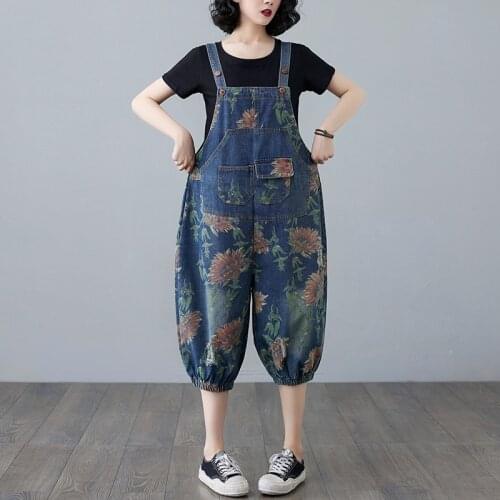 #1593 Summer Vintage Floral Printed Denim Jumpsutis Women Calf-length Loose Spaghetti Strap Jumpsuit Ladies Plus Size Rompers
