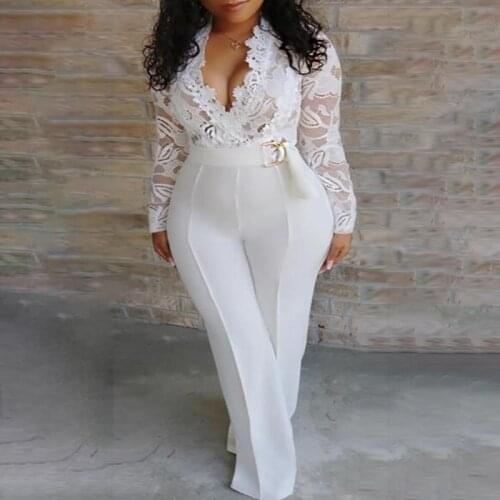 New Style V Neck White Lace Jumpsuit Long Sleeve Skinny OL Romper Women Jumpsuit Elegant Combinaison Femme