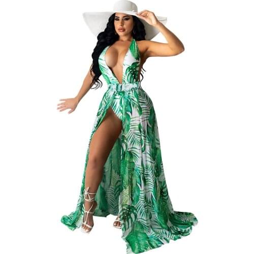 2021 New Printed Green leaves 2PCS/SET Beachwear sexy women Bandage backless one piece swimwear+ wrap cover-ups skirt