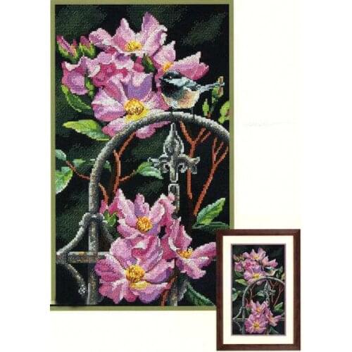 Gold Collection Lovely Counted Cross Stitch Kit Chickadee Perch Bird on Pink Rose Flower Flowers dim 35268