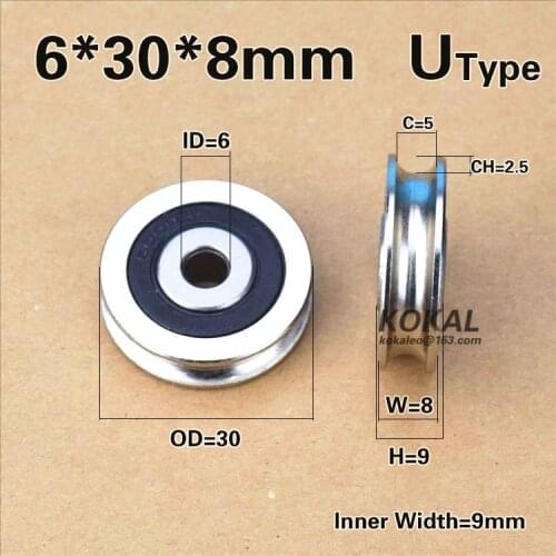 [U0630-8NJ]Free shipping 10PCS chrome steel U Groove Type Bearing Roller Wheel 6mm*30mm*8MM inner width 9MM nonstandard Roller