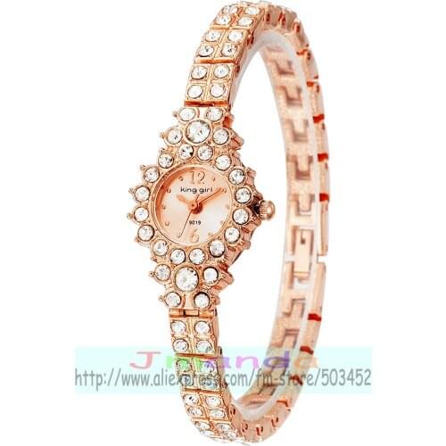100pcs/lot king girl A9019 round dial rose gold color crystal watch fashion lady bracelet watch with rhinestone luxury clock