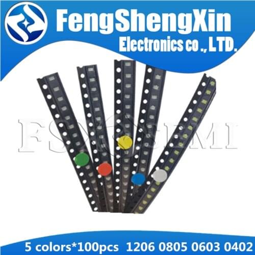 5values Colors X100pcs=500pcs New 1206 0805 0603 0402 SMD LED Red/Green/Blue/White/Yellow Kit
