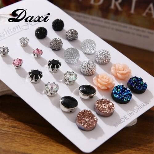 DAXI 12 Pairs Assorted Crystals Druzy Stone Resin Stone Round Stud Earrings Set Women
