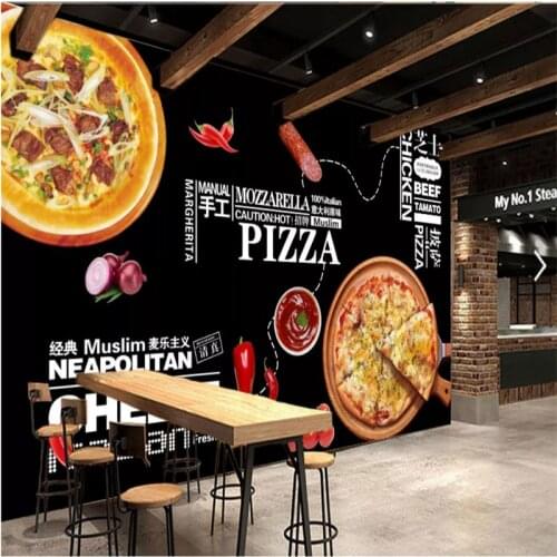 Creative Pizza Theme Mural Wallpaper 3D Modern Fast Food Western Restaurant Snack Bar Industrial Decor Black Backdrop Wall Paper