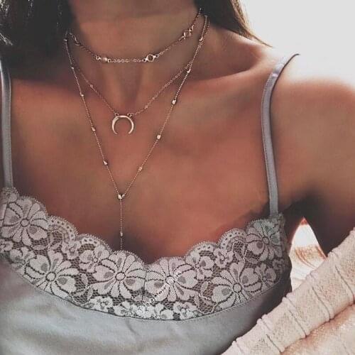 3 Layers Chain Necklace Set Horn Necklace Crescent Moon Necklace Beach Boho Jewelry Minimal Multi Layer Long Pendant Collier