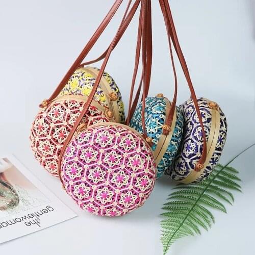 Round Rattan Bag Girls Shoulder Bag New Straw Beach Bag Circle Rattan Bag Colorful Flower Style Women TravelCrossbody Handbag