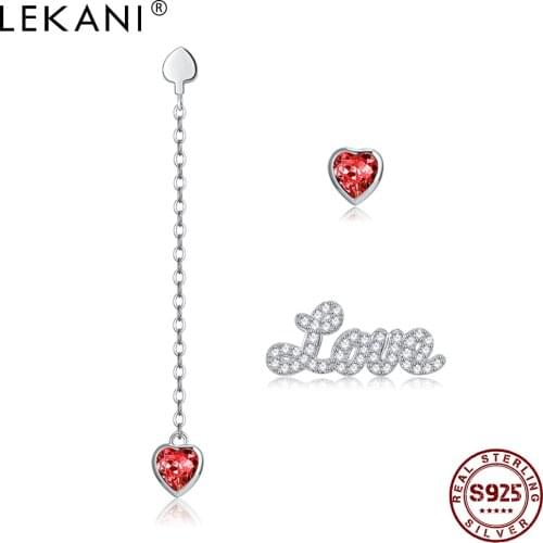 LEKANI Sterling Silver 925 Jewelry Asymmetry Letter LOVE Heart Earrings Red Austria Crystal Stud Earring For Women Party Gift