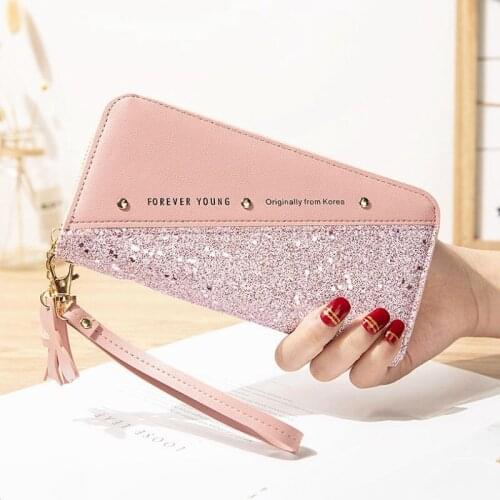 Fashion Sequined Patchwork Glitter Wallet for Women Long PU Leather Wallets Zipper Coin Purse Card holders Female Tassel Purses