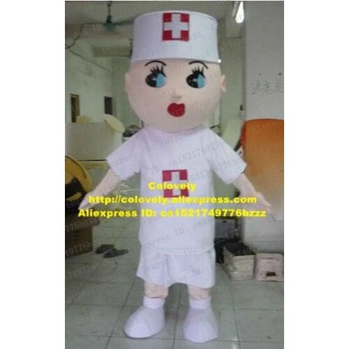 Devoted Hospital Nurse Doctor Mediciner Girl Mascot Costume With Fascinating Red Mouth Blue Clear Eyes White Coat No.4716 FS