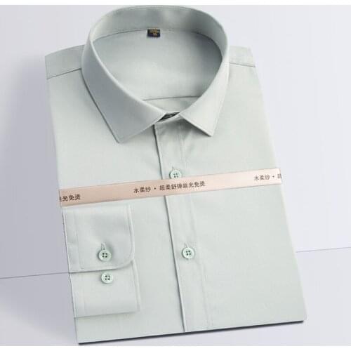 Non-Iron Men Dress Shirts Solid Smooth Long Sleeve Regular Fit Social Business Mens Formal Work Shirts Pocketless Easy Care New